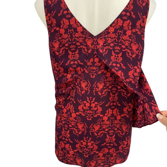 CAbi Top Style #3258 Womens Medium Cameo Print Red Purple Split Back Blouse Work - Picture 11 of 16